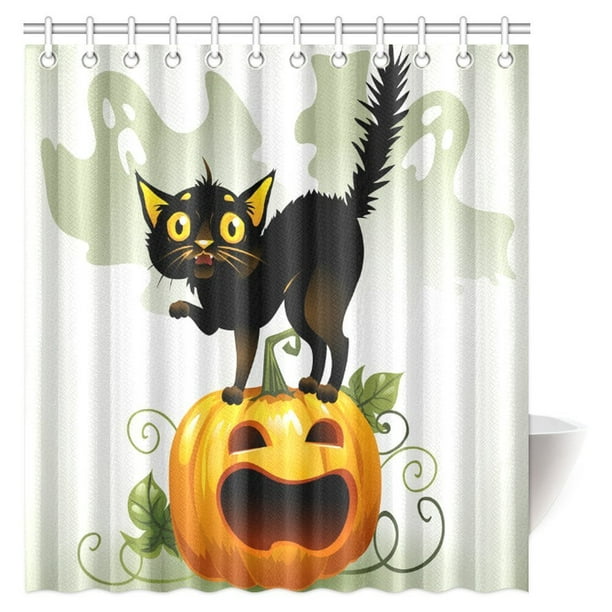 Halloween Night Pumpkins Lamps Cute Cat Waterproof Fabric Shower Curtain Set 72"